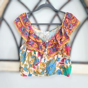 *NWT* Rachel Zoe, Multicolor Ruffled Off Shoulder Button Up Crop Top, Sz L